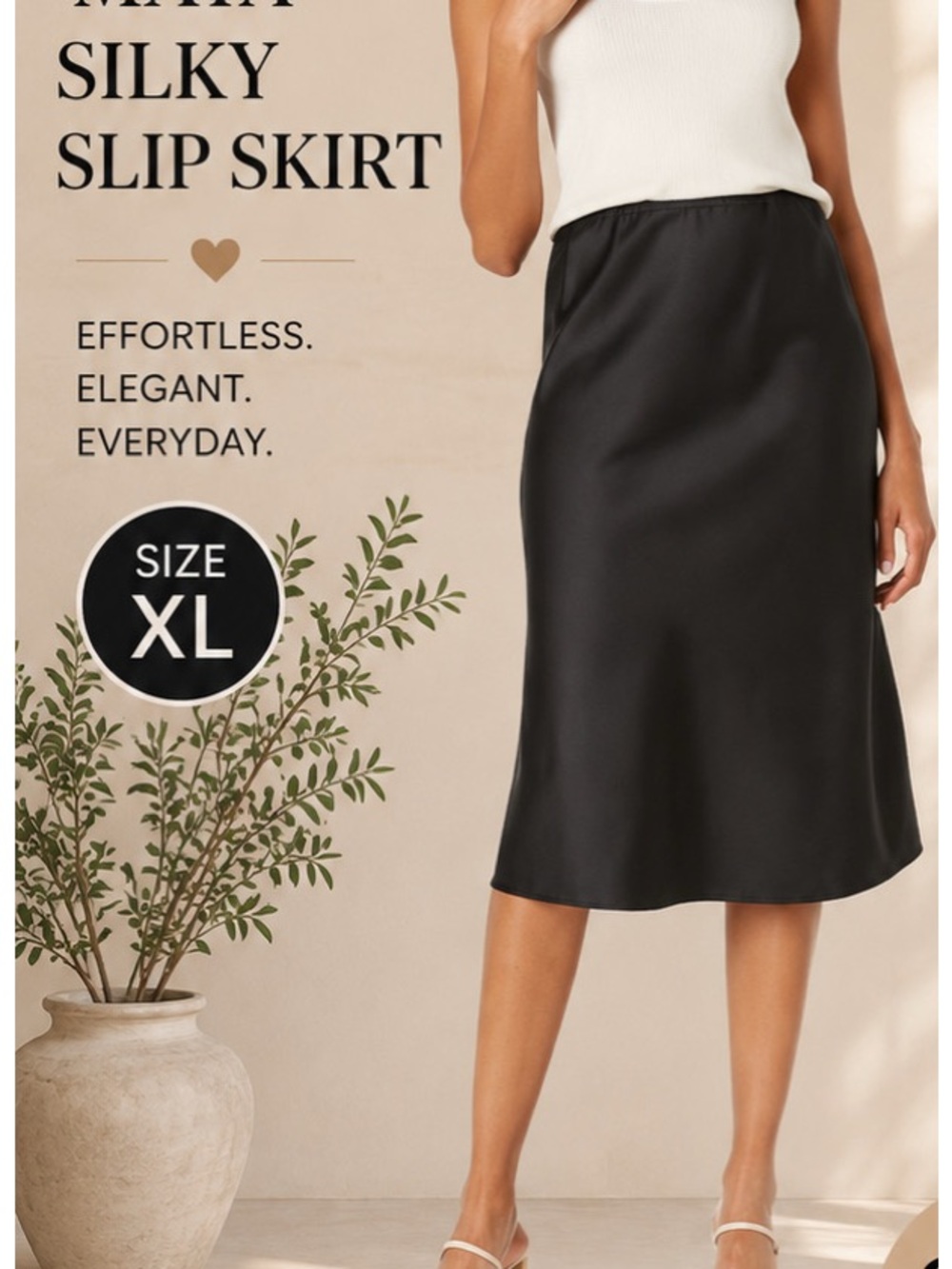 Elegant Black Silky Midi Slip Skirt